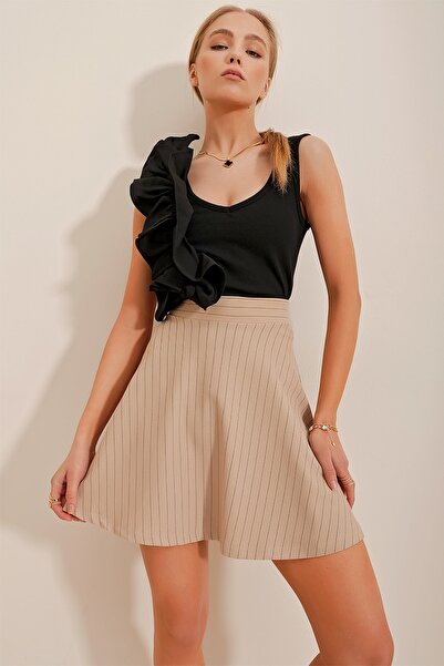 Trend Alaçatı Stili Women's Beige High Waist Striped Flared Skirt ALC-X10365