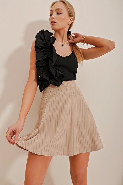 Trend Alaçatı Stili Women's Beige High Waist Striped Flared Skirt ALC-X10365