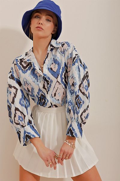 Trend Alaçatı Stili Damenhemd aus gewebtem Leinen mit Indigo Princess-Ethnomuster und Flammenmuster ALC-X10396