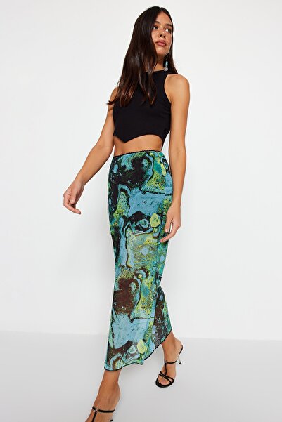 Trendyol Collection Modrá vzorovaná maxi délka pasu krajka Detailní tyl Stretch pletená sukně TWOSS23ET00369