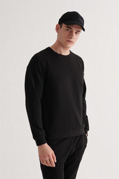 AYD Men's Black Sweatshirt European Pattern Unisex Crew Neck Cotton Inside