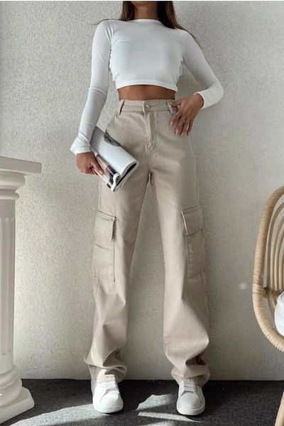 Livik Μπεζ Palazzo Jean - Γυναικείο, Ψηλόμεσο, Lycra Cargo Pocket, Χωρίς Πίσω Τσέπη