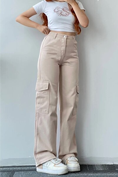 Livik Μπεζ Palazzo Jean - Γυναικείο, Ψηλόμεσο, Lycra Cargo Pocket, Χωρίς Πίσω Τσέπη