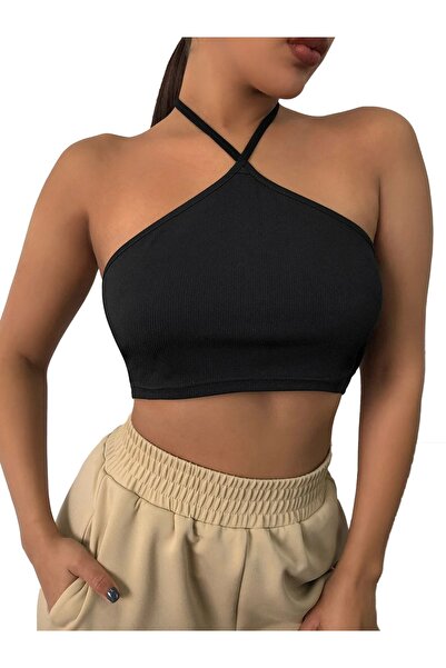 Liona Women's Halter Neck Black Color Crop Top Blouse
