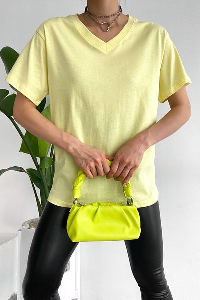 FEMELLE Women's Yellow V-Neck 100% Cotton Basic T-Shirt