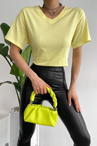 FEMELLE Women's Yellow V-Neck 100% Cotton Basic T-Shirt