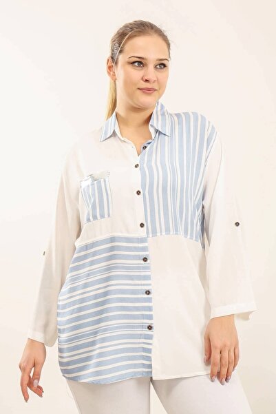 Mia Butik Plus Size Cotton Blue and White Striped Shirt