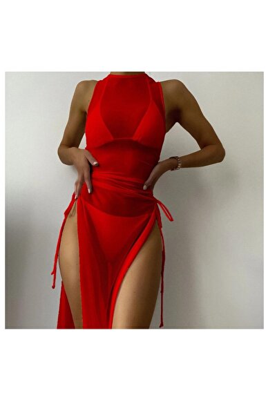 Genel Markalar Kadın Kırmızı Büyük Beden Kenarları Büzgülü Lastikli Tül Pareo