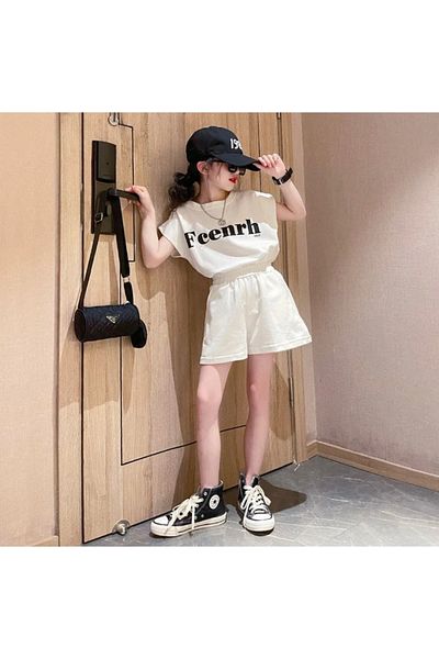 KİDS FACE CUSTOM DESIGN FCENRH PRINTED 100% COTTON NEW TREND GIRL'S STYLISH T-SHIRT SHORTS SET