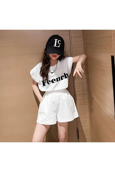 KİDS FACE CUSTOM DESIGN FCENRH PRINTED 100% COTTON NEW TREND GIRL'S STYLISH T-SHIRT SHORTS SET