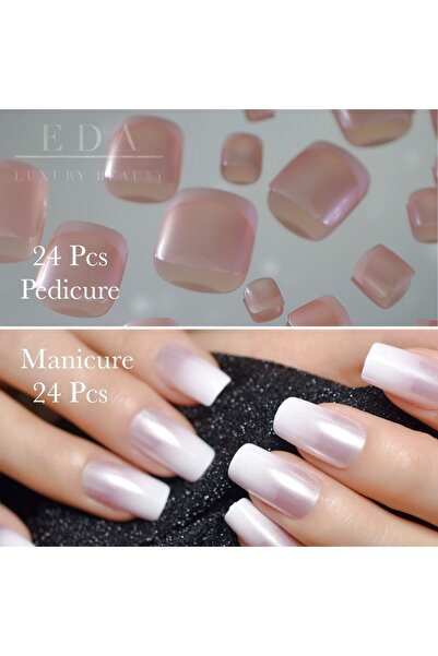 EDA LUXURY BEAUTY 48'li Saten Inci Pembe Beyaz French Doğal Uzun El & Ayak Ta...