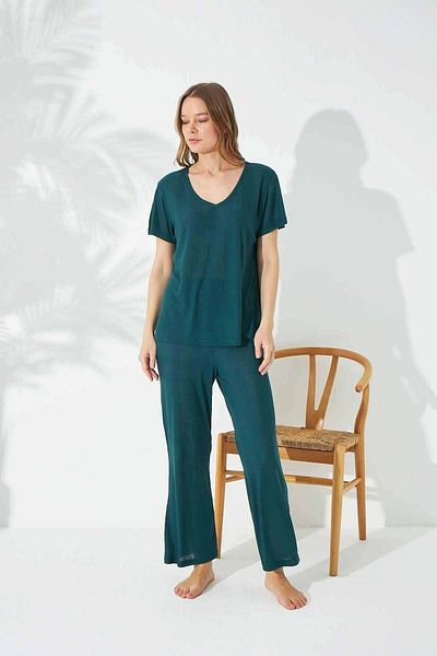 Siyah İnci Green Soft Touch Thin Knitted Pajama Set