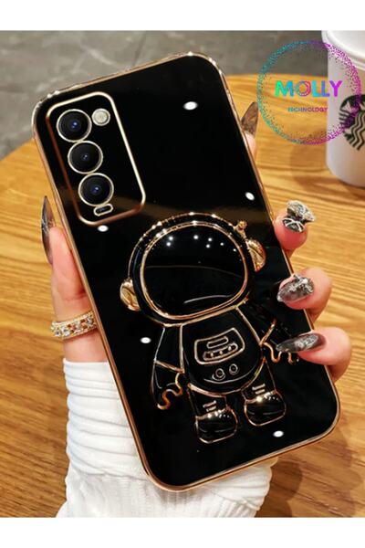 Molly Technology Tecno Camon 18 Için Siyah Astronot Standlı Kenarları Gold De...