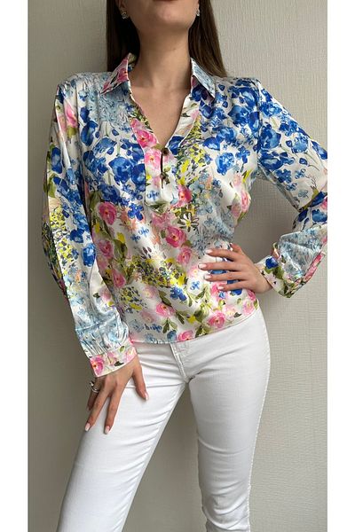 Julidress Women's Multicolor Floral Print Long Sleeve Premium Satin Shirt with Johnny Collar