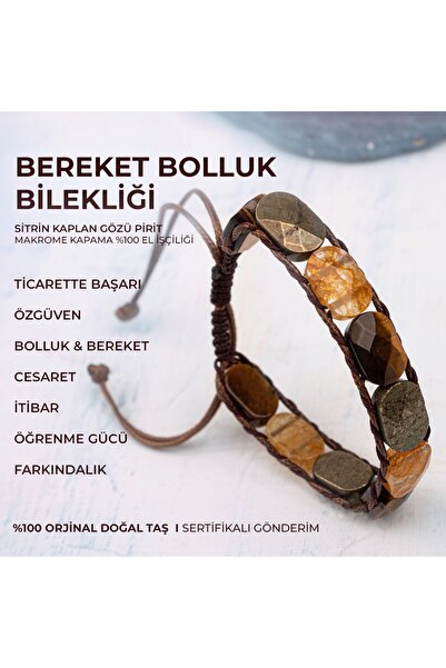 Deniz Doğal Taş Sertifikalı Bereket Bolluk Bilekliği Sitrin Kaplan Gözü Pirit Doğal Taşlı %100 El Işçiliği