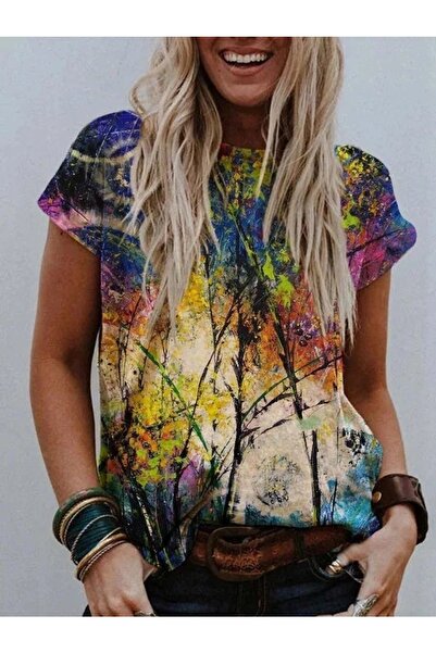 twomeey Γυναικεία κοντομάνικη μπλούζα με μοτίβο κρέπας με λαιμόκοψη (έγχρωμη ...