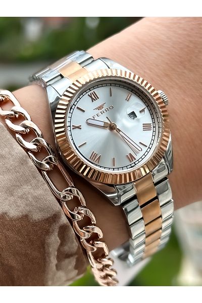 FERRO Golden Yellow Color, Steel Strap, Water Resistant, Guaranteed, Women's Wristwatch+bracelet