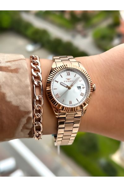 FERRO Simple Rose Color, Steel Strap, Water Resistant, Guaranteed, Women's Wristwatch + bracelet