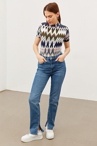 Bipantolon Γυναικεία κοντομάνικη μπλούζα σε λιλά Navy Blue με ζιγκ-ζαγκ σχέδιο