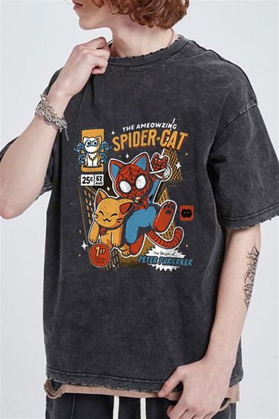 Touz Unisex Oversize Vintage T-shirt - Πλενόμενη Spider-Cat Print