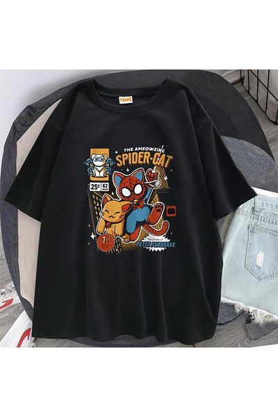 Touz Spider-cat Printed Black Unisex Oversize T-shirt