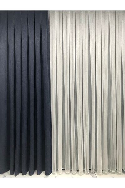 Taç Background Curtain Blue Linen Medium Close Pleat No Iron Needed Non-Wrinkle Background