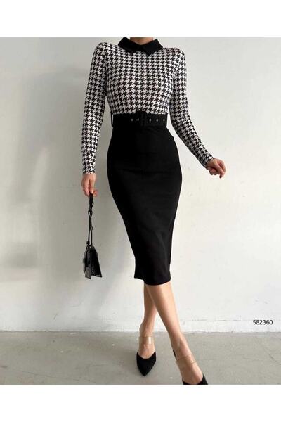 twomeey Γυναικείο φόρεμα με μολύβι με κρεπ ύφασμα με λεπτομέρεια γιακά με μοτ...