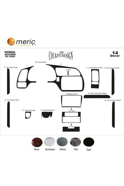 meriç cockpit design ميريتش ®   هوندا أكورد ياباني أمامي توربيدو مطلي بالماهوجني 14 قطعة 1998-2002