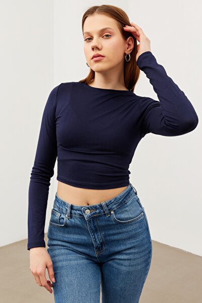 Bipantolon Ženska tamnoplava bluza sa okruglim izrezom i polovinom ribarskog ...