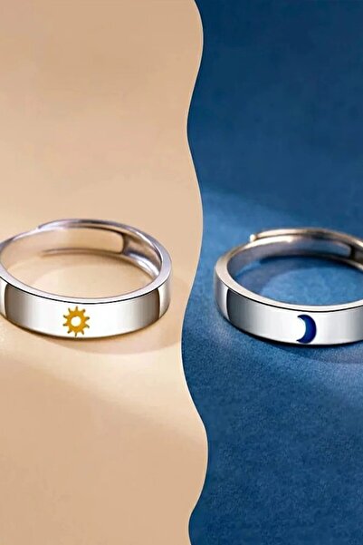 Eva Jewelry Renkli Ay Ve Güneş 2li Set Gümüş Kaplama Ayarlanabilir Çift Alyans Yüzük