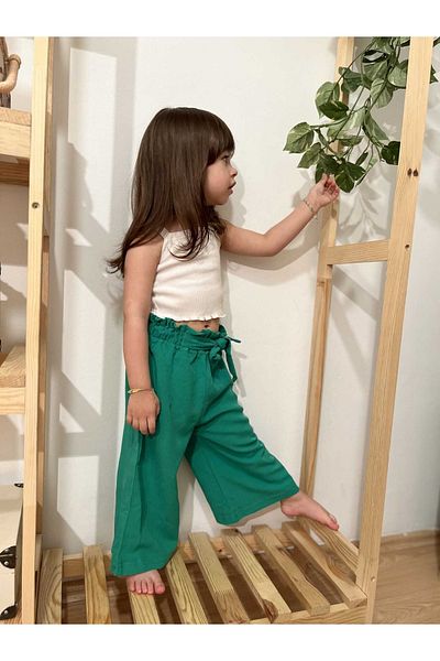 BEBEĞİME ÇORAP Girl's Wide Leg Linen Trousers with Ruffled Waist Elastic