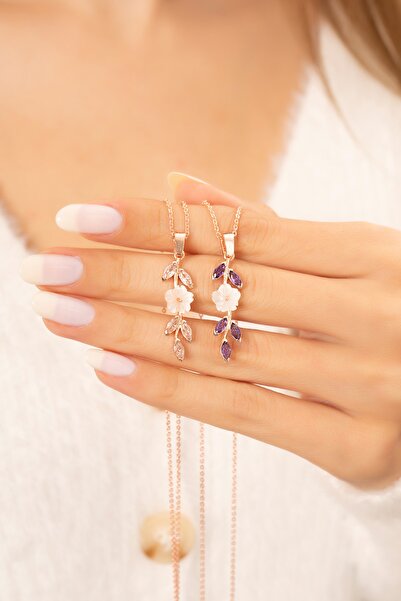 Eva Jewelry Manolya Çiçeği Uzun Model Mor Taşlı 14k Rose Gold Kaplama Kadın Kolye