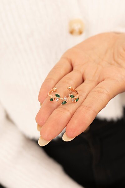 Eva Jewelry Taşlı Sarmaşık Yeşil Ayarlanabilir 14 K Rose Altın Kaplama Kadın Yüzük