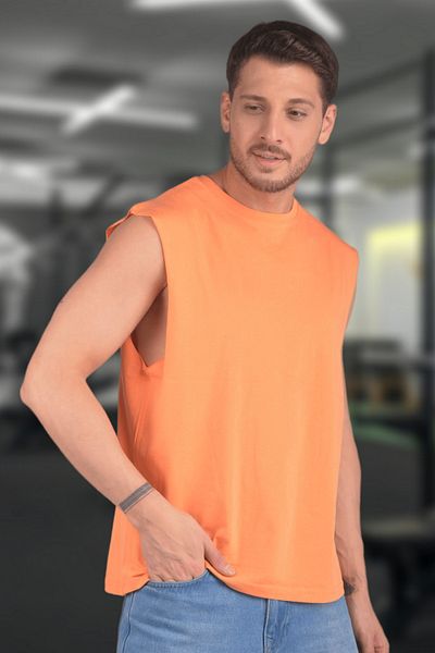 BESSA Men's Orange Oversize Crew Neck Cotton Sleeveless T-Shirt/Atlet