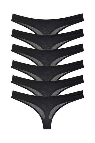 FOURAA Women's Black-white-gray Cotton Brazilian String Thong 95% Cotton - Pack of 6