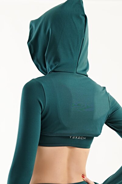 YEXECH Γυναικεία μακρυμάνικη κουκούλα Petrol Green Sports Crop Bady Rise Series Cover Crop Hoodie