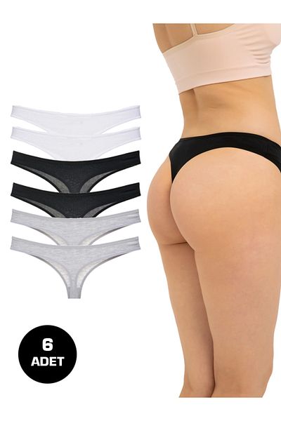 FOURAA Women's Black-white-gray Cotton Brazilian String Thong 95% Cotton - Pack of 6