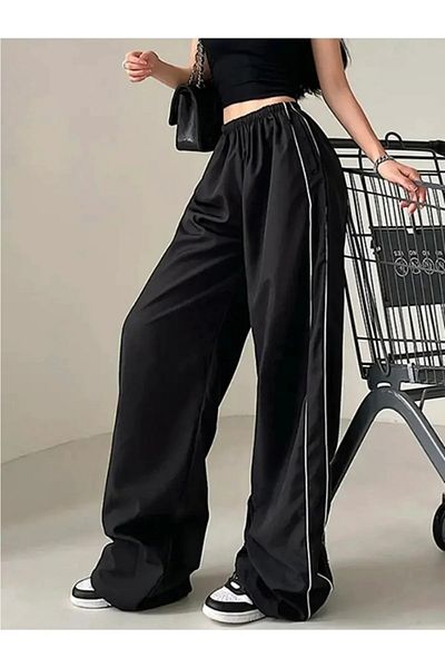 Gofeel Black Colored Striped Wide Leg Unisex Sweatpants