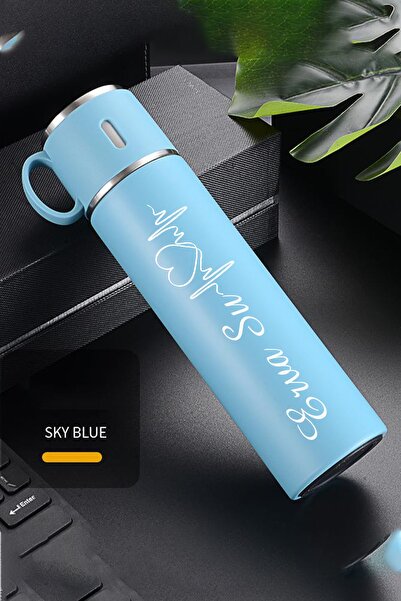 NRDLİFE Kişiye Özel İsim Baskılı 316 Paslanmaz Çelik Termos 580 Ml Kahve Çay Termos Mavi