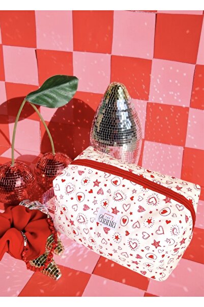 the chanta حقيبة مكياج بنمط قلب أحمر حجم كبير