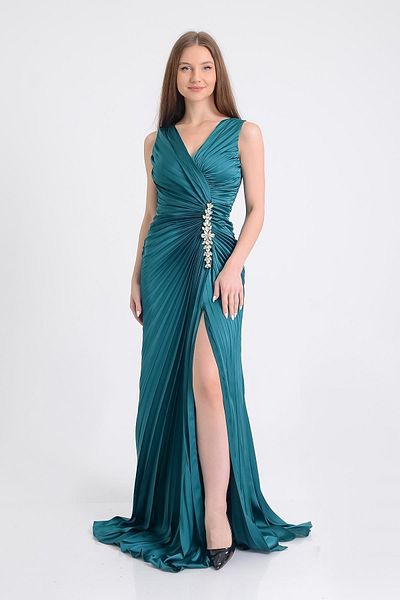 SpringStore Emerald Pleated Stone Detailed Evening Dress