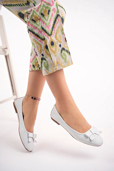 Deripabuc Genuine Leather White Print Women's Leather Ballerinas Dp58-4055