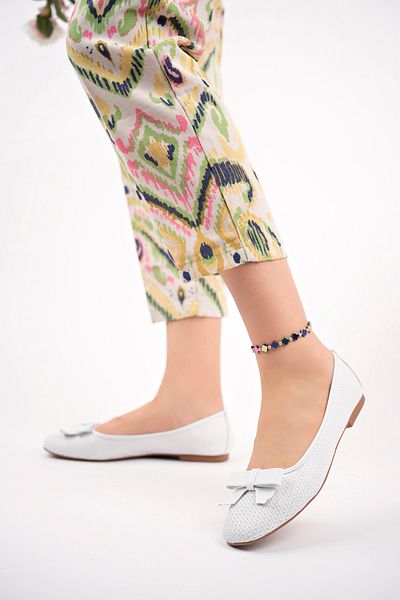 Deripabuc Genuine Leather White Print Women's Leather Ballerinas Dp58-4055