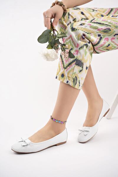 Deripabuc Γυναικείες δερμάτινες μπαλαρίνες από γνήσιο δέρμα λευκό τύπωμα Dp58-4055