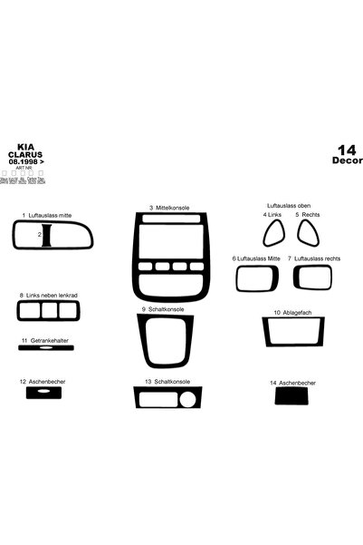 meriç cockpit design ميريتش ®   كيا كلاروس تنجيد أمامي أسود لامع 14 قطعة 1998-2006