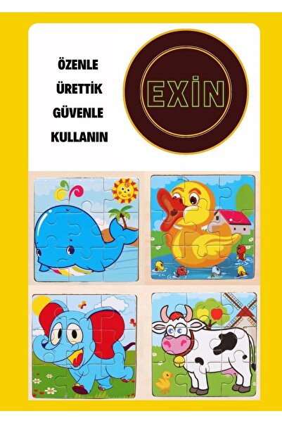EXİN Ahşap Eğitici 4 Adet Balina,fil,civciv,inek Hayvan Figürlü Ilk Puzzlem Çocuk Puzzle 9 Parça