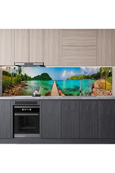 StickerArt Mutfak Tezgah Arası Folyo Fayans Kaplama Folyosu Tropikal Iskele 60x400 Cm