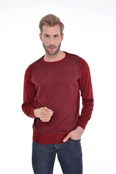 Çizgi Triko Men's Crew Neck Knitwear Claret Red Sweater Patterned Sleeve and Waist Elastic Woven Steel Knit