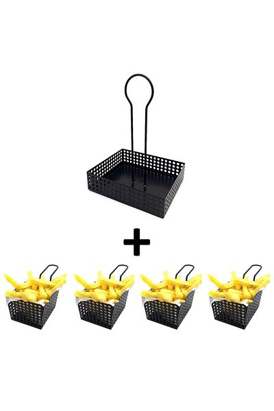 decorelax 4 Mini Potato Bowl and 1 Sauce Bowl - Cafe, Restaurant Burger Presentation, Serving Equipment Model-1 Black