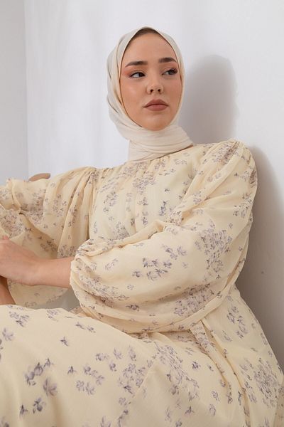 lovebox Waist Elastic Gathered Spring Branch Patterned Lined Chiffon Fabric 130 cm Midi Yellow Hijab Dress 6055